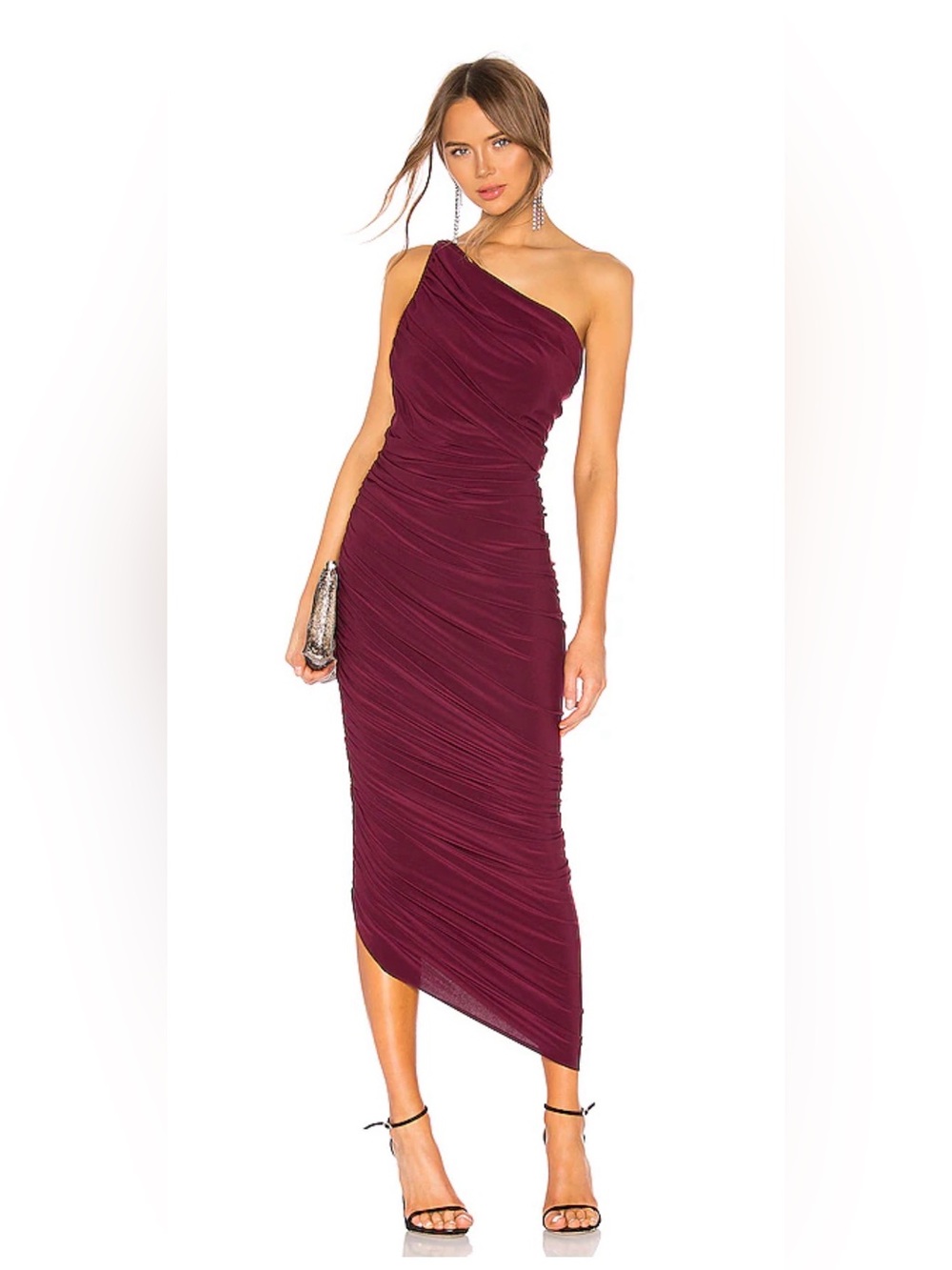 Norma Kamali Diana One Shoulder Ruched Midi Gown‎ Plum/Burgundy Size 38/M